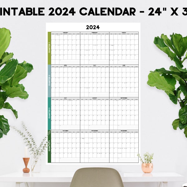 Large Modern 2024 Wall Calendar - Printable 24" x 36" Year at a Glance Poster (Digital File, Instant PDF Download), A1 Yearly Calendar