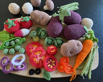 LEGUMES au crochet pour dinette ludique et faire semblant, apprendre les aliments et cuisiner en s'amusant. décoration pour la cuisine.