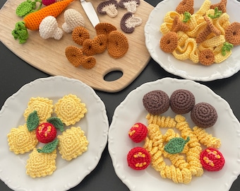 Pates au crochet pour dinette ludique et faire semblant, apprendre les aliments et cuisiner en s'amusant. décoration pour la cuisine.