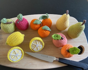 FRUITS au crochet pour dinette ludique et faire semblant, apprendre les aliments et cuisiner en s'amusant. décoration pour la cuisine.