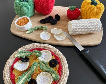 PIZZA ronde GARNIE, set de jeu de cuisine pour enfants, jouet éducatif Montessori, nourriture au crochet. décoration cuisine.