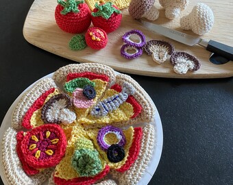 PIZZA 6 PARTS GARNIE, set de jeu de cuisine pour enfants, jouet éducatif Montessori, nourriture au crochet. décoration cuisine.