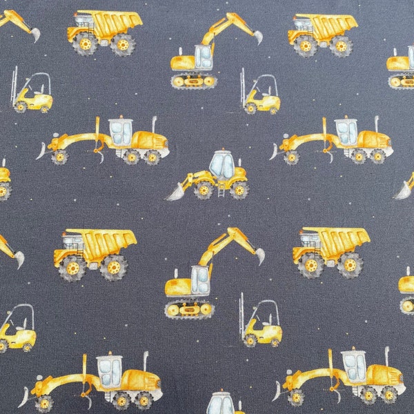 Jersey 21 euros p.mtr. Fabric construction site, construction vehicles, excavators, Miss de Julie, children, women, cotton jersey, fabrics