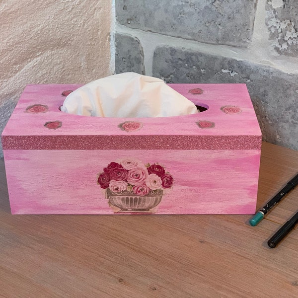 Kosmetiktücherbox Taschentücherbox Spender Tempobox Behälter Tissue Box Holz Cube Rosen Dekor Schlafzimmer Wohnzimmer Küche Bad