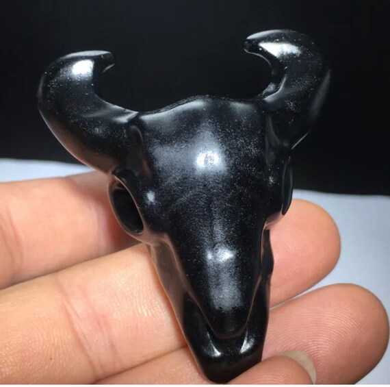 Natural Black Obsidian Bull Skull Reiki Gemstone Semiprecious