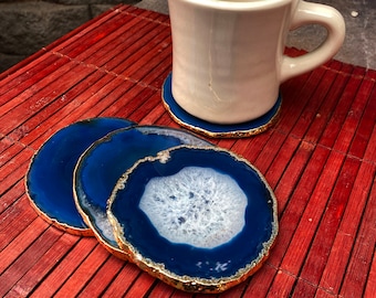 Blue agate slice coaster set-crystal- gemstone-semiprecious