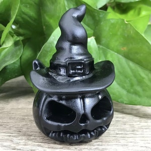 Natural Obsidian pumpkin With Witch hat Quartz Crystal Carved Healing gemstone semiprecious figurine collectible