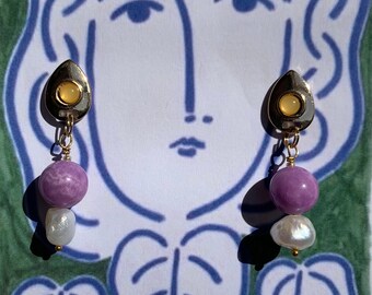 The Jacaranda Earring Pearl and Lilac Dyed Jade on Gold/Yellow Stud Fixing