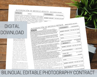Adult and Minor Model Release | Bilingual Model Release in Spanish and English | Instant Download | Editable Canva Template