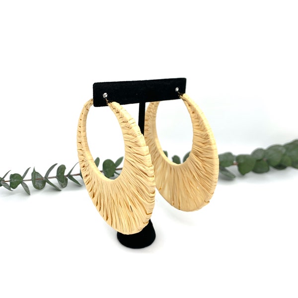 Large 3.5 Inch Raffia Leaf Hoop Earrings / Vacation earrings/ Big Earrings / Unique Earrings / Beachwear / Raffia Earrings