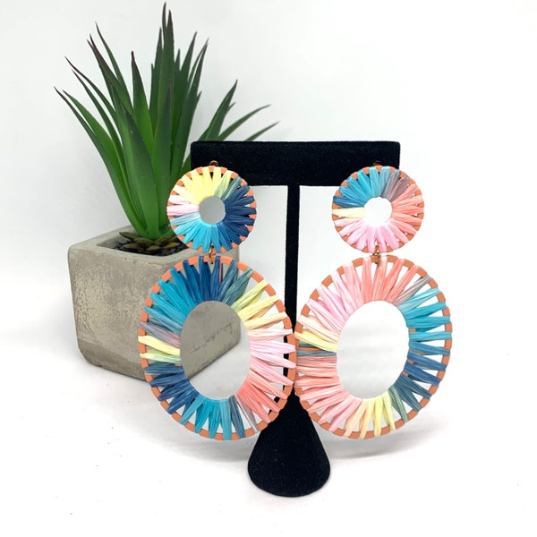 Pastel Watercolor Raffia Leaf Earrings / Beautiful Drop Pastel Rainbow Earrings/ Large Colorful Fashion earrings / Unique Pretty  Earrings /