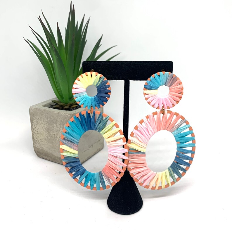 Pastel Watercolor Raffia Leaf Earrings / Beautiful Drop Pastel Rainbow