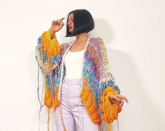 Handknit 'Flame of the Marigold' chunky cardigan with bubble knit sleeves, handmade with lots of love using upcycled leftover yarns
