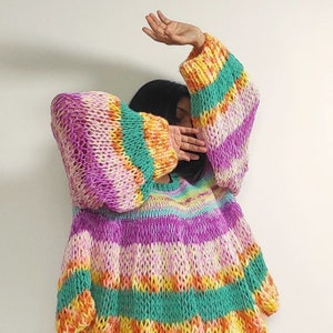 Hand knit 'Boulevard of Dreams' chunky, multicolored, oversized pullover image 3