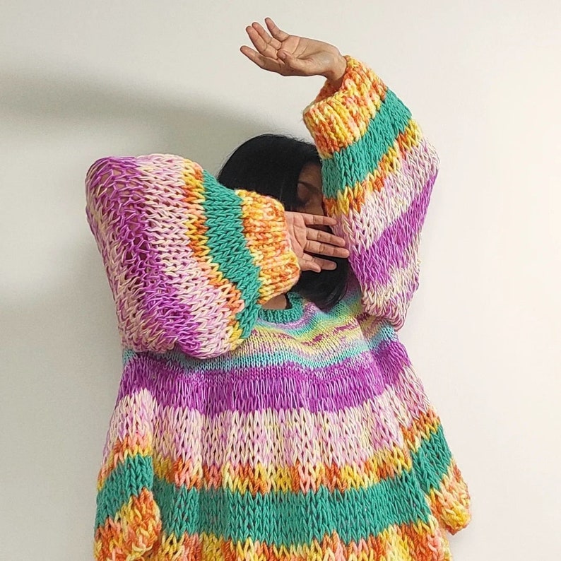 Hand knit 'Boulevard of Dreams' chunky, multicolored, oversized pullover image 3