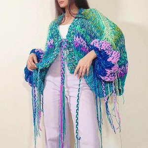 Handknit Chunky Cardigan, Bubble Sleeves, Upcycled Yarn