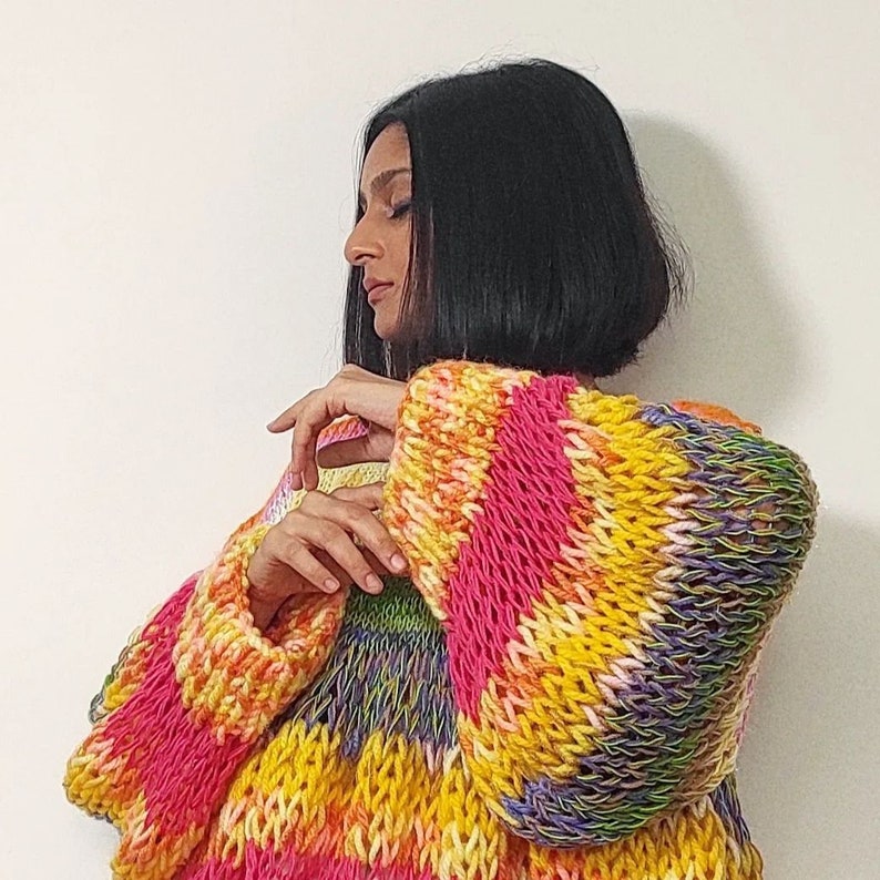 Hand knit 'Boulevard of Dreams' chunky, multicolored, oversized pullover image 10