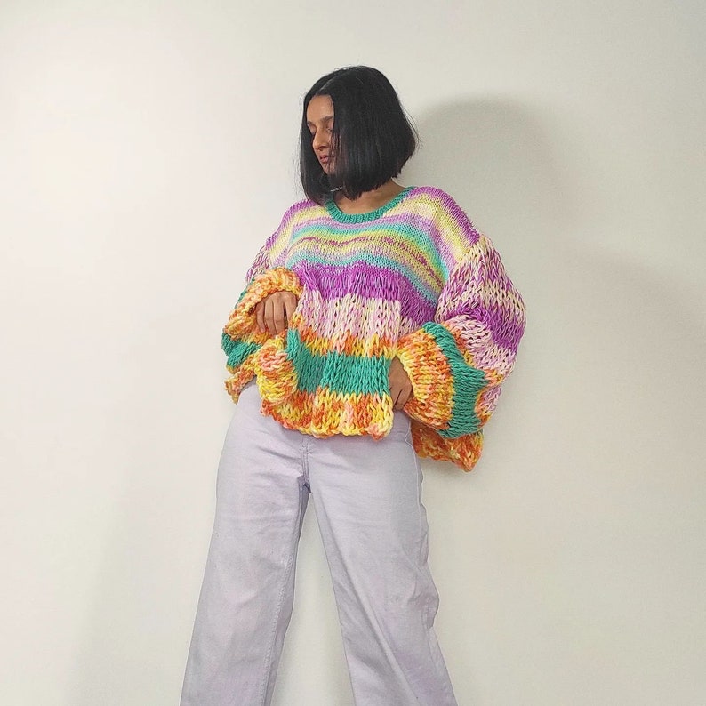 Hand knit 'Boulevard of Dreams' chunky, multicolored, oversized pullover image 7