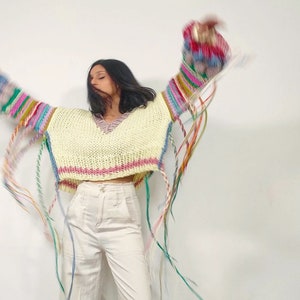 Hand knit 'Spring's Symphony' multicolored, oversized pullover with jacquard structural texture, hand embroidery & handmade braids detailing image 10