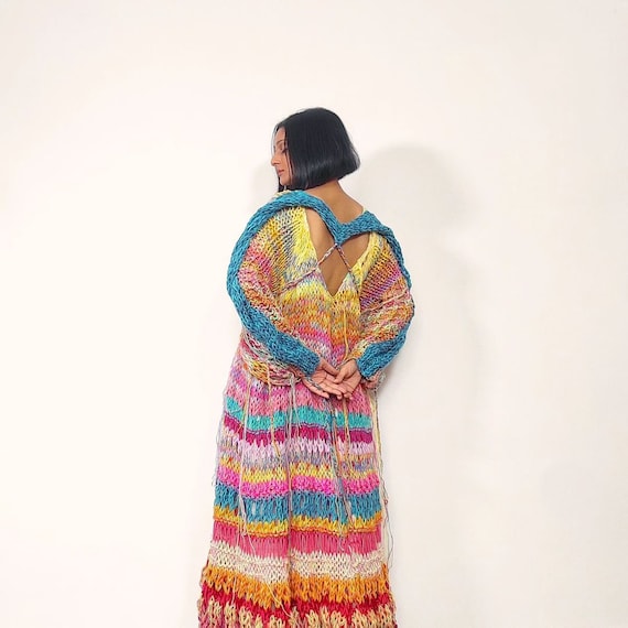 Hand Knit 'Heart Shaped Ripples' Dress: Upcycled Yarn Cable Knit, Braided Ends Hand Knit 'Heart Shaped Ripples' Dress: Upcycled Yarn Cable Knit, Braided Ends