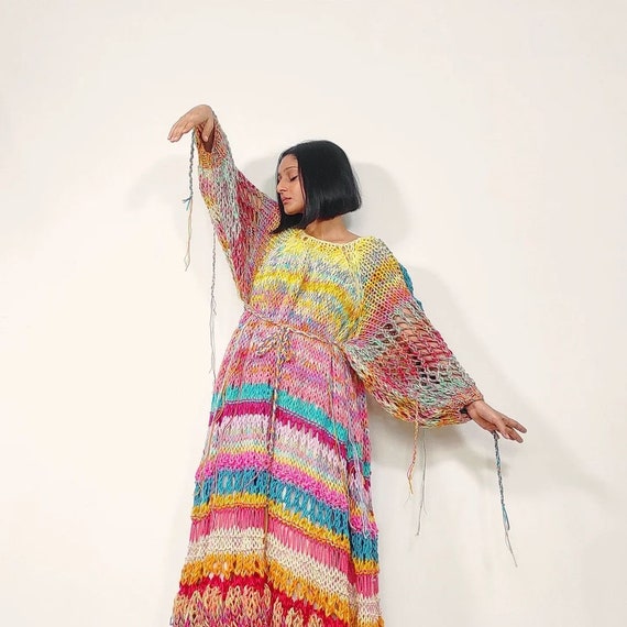 knit plaiting dress Hand Knit 'Heart Shaped Ripples' Dress: Upcycled Yarn Cable Knit, Braided  Ends