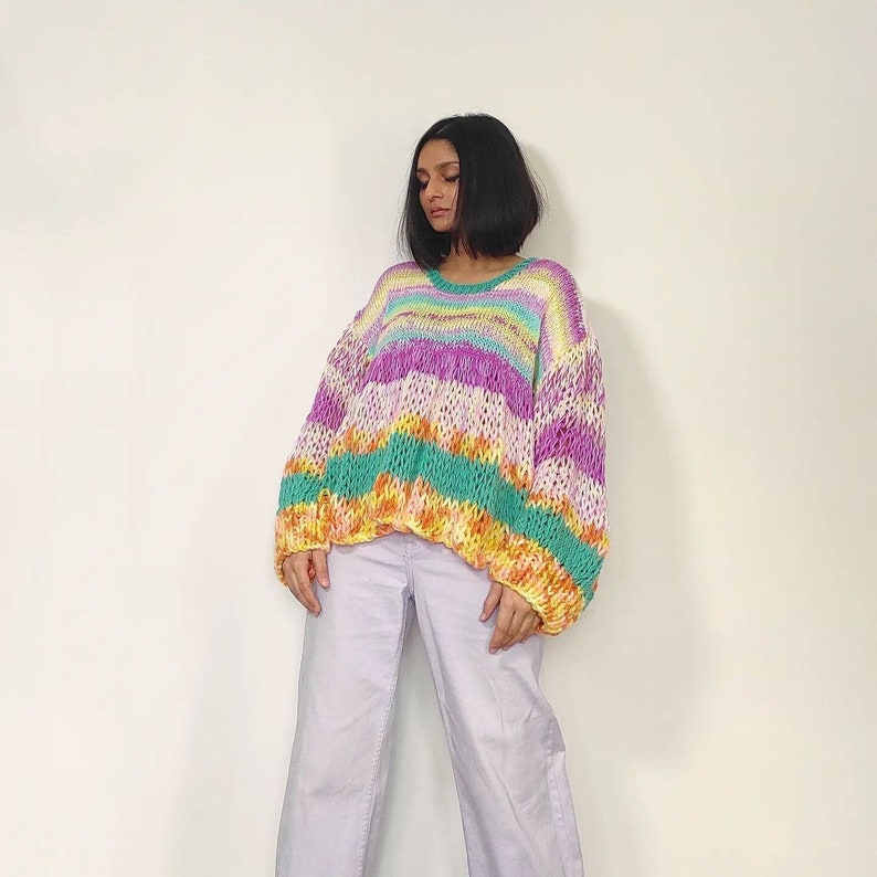 Hand knit 'Boulevard of Dreams' chunky, multicolored, oversized pullover image 2