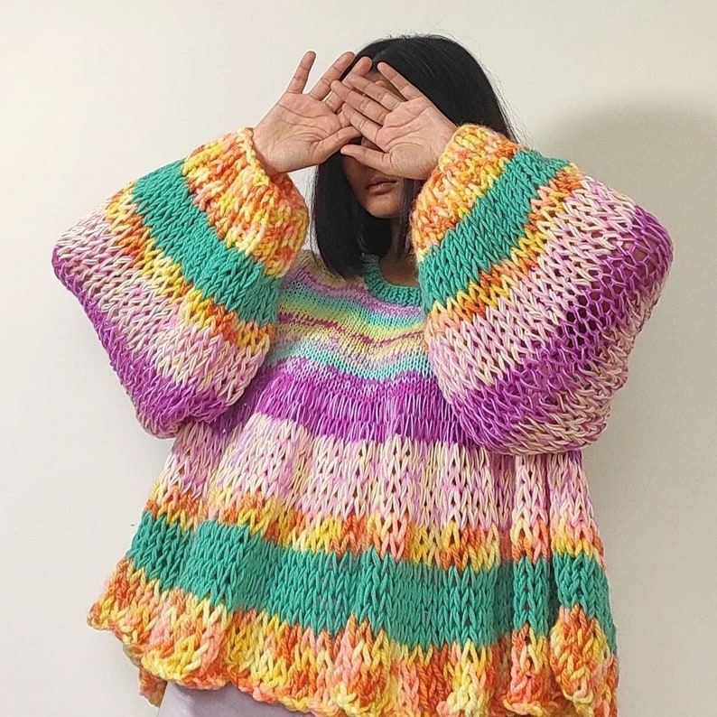 Hand knit 'Boulevard of Dreams' chunky, multicolored, oversized pullover image 1