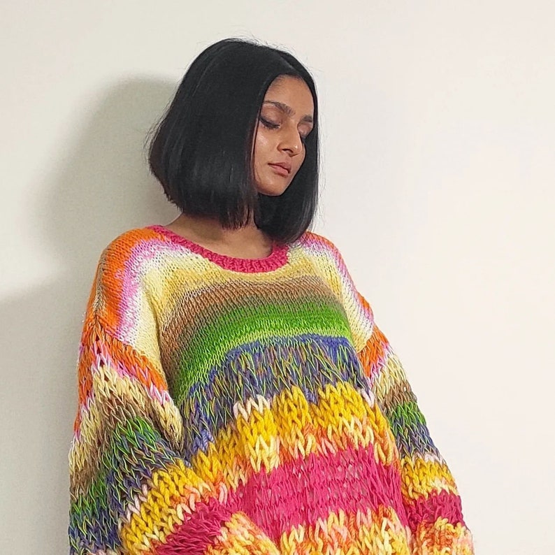Hand knit 'Boulevard of Dreams' chunky, multicolored, oversized pullover image 8