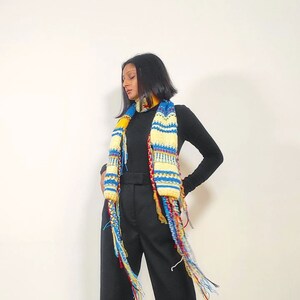 Hand knit 'The Goan Window' multicolored centipede scarf with jacquard structural texture, hand embroidery and handmade braids detailing image 4