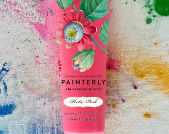 May include: A tube of "Poetic Pink" blendable furniture paint. The pink tube features a floral design with red flowers and green leaves. The text "PAINTERLY The Language of Color" is printed on the tube. The tube contains 118 ml (4 fl oz) of paint.