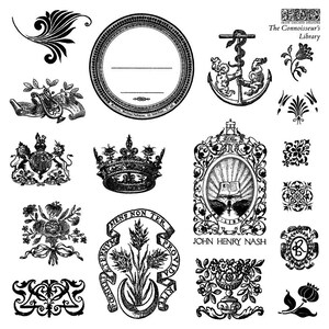 May include: A collection of black ink-style illustrations featuring a circular label, a crown, a coat of arms, floral motifs, an anchor with a serpent, and a book emblem with the text "JOHN HENRY NASH" and "The Connoisseur's Library" in the corner.