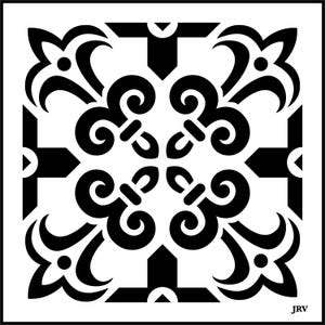 May include: Black and white symmetrical design with floral and scroll elements. The design is square, with a repeating pattern of stylized flowers, scrolls, and geometric shapes. The design is suitable for various applications.