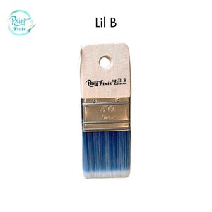 May include: A paint brush with a light wood handle and blue bristles. The brush has the text "Lil B" and "Paint Pixie" printed on the handle. The metal ferrule is marked with the number "50".