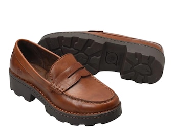 Brown Born Carrera Loafer Grain Genuine Leather Woman Shoes
