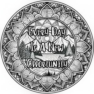 May include: Black and white mandala design with a mountain scene and the text "Every Day Is A New Opportunity".