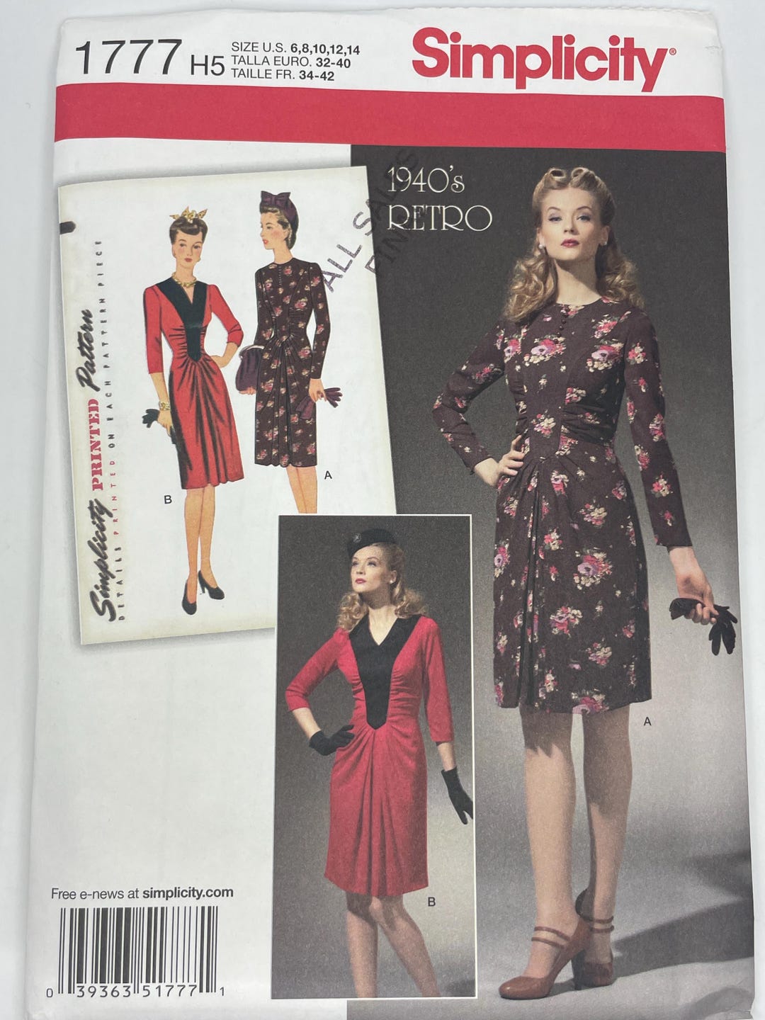 1940's Retro Dress Pattern Simplicity Archives 1777 Woman's Sizes 6 ...
