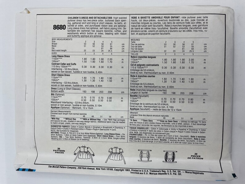 Vintage Childs Size 3 Dress & Detachable Bib Mccalls 8680 Uncut Etsy UK