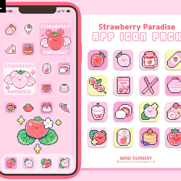 63 App Icon Pack / Strawberry Paradise / Wallpapers & Widgets / Pixel / iOS App Icons / Android / Home Screen