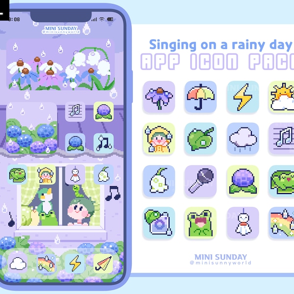 63 App Icon Pack / Singing on a Rainy Day / Rainy season / Wallpapers & Widgets / Pixel / iOS App Icons / Android / Home Screen