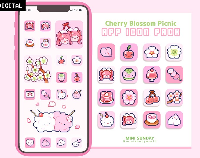 63 App Icon Pack / Cherry Blossom Picnic / Wallpapers & Widgets / Pixel ...