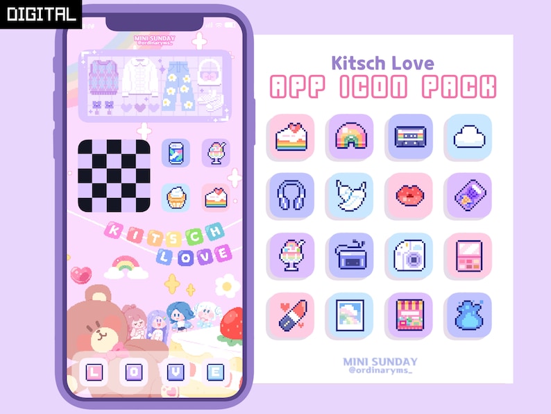 63 App Icon Pack / Kitsch Love / Wallpapers & Widgets / Pixel - Etsy