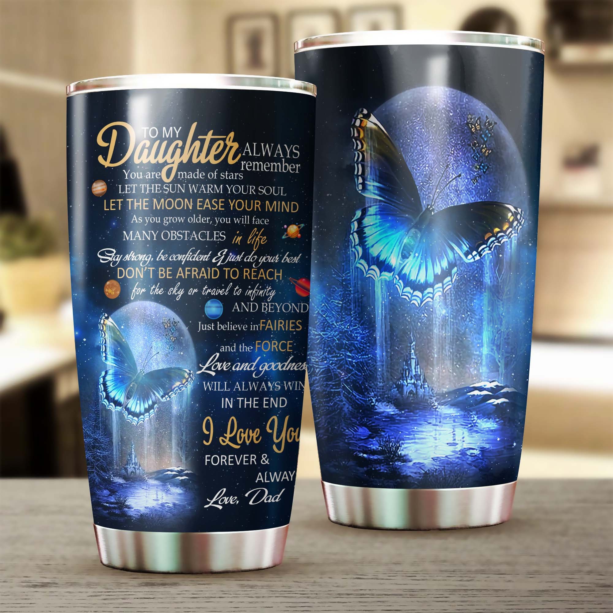 Sparkle Blue Butterfly Moonlight To My Daughter From Dad Ringneck Tumbler 20oz