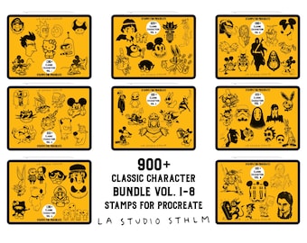 BUNDLE 1 - Classic Characters Vol. 1-8 - Procreate Tattoo Stamp Brush Set