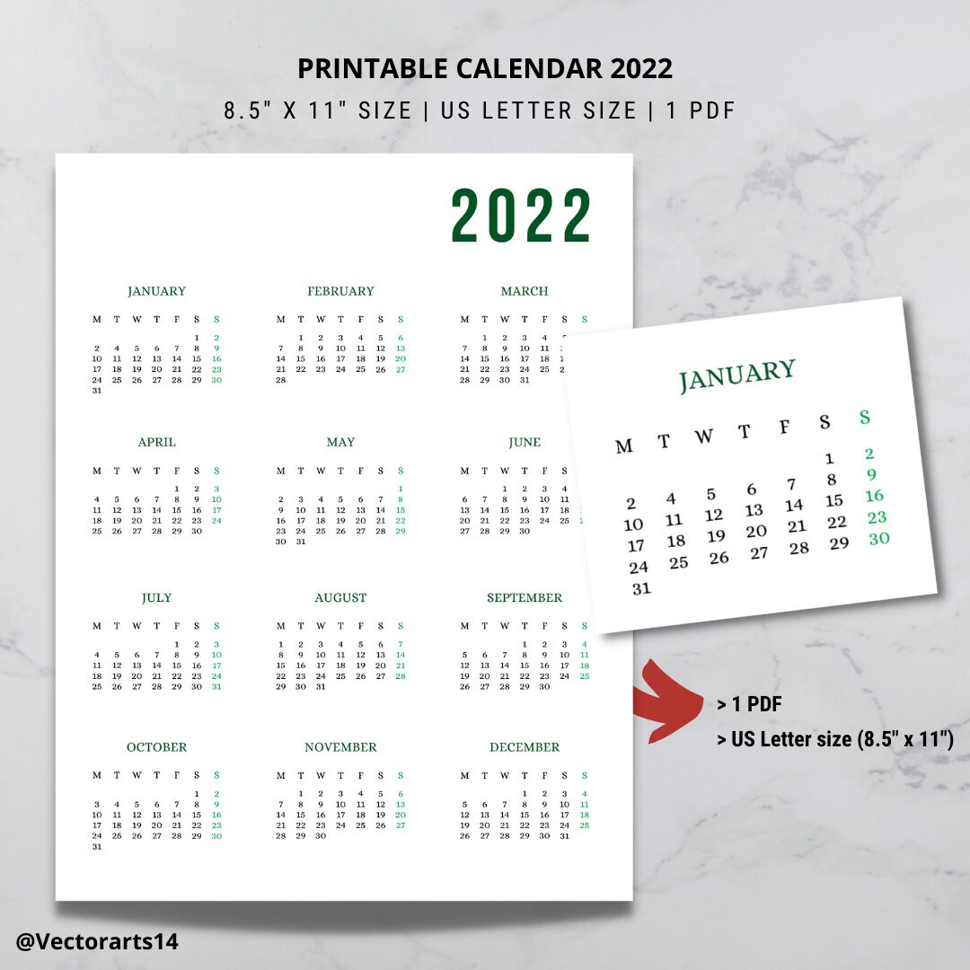 Printable Calendar 2022 Annual Calendar 2022 Printable Etsy