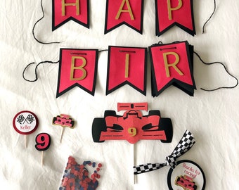 Race Car Birthday Decorations - Birthday Banner, Ferrari Cake Topper, Cupcake Toppers and Party Favor Bags