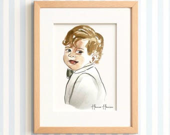 May include: Watercolor portrait of a young child in a light wooden frame. The child has light brown hair and is wearing a white suit with a dark bow tie. The artist's signature, "Hanna Hansen," is visible. The background is a light blue and white striped wallpaper.