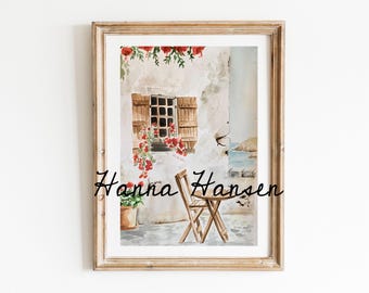 Greece waterscape painting | watercolor ocean town scene