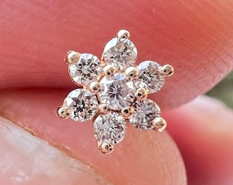 18K guld naturlig diamant näsa örhänge, blomma piercing stift