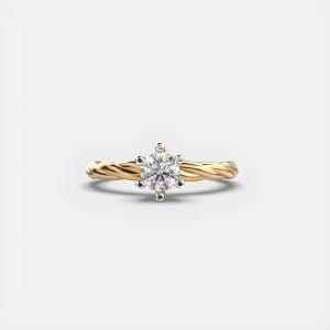 Solitaire Ring, Round Diamond Ring, Lab Created Diamond, Wedding Band, Twisted Wedding Ring, 14K Solid Yellow Gold