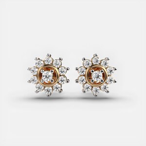 18k Solid Gold Earring / Round Diamond Star Cluster Flower Lab Grown Diamond Stud Earrings / Minimal Diamond Stud Earrings, Christmas Gift